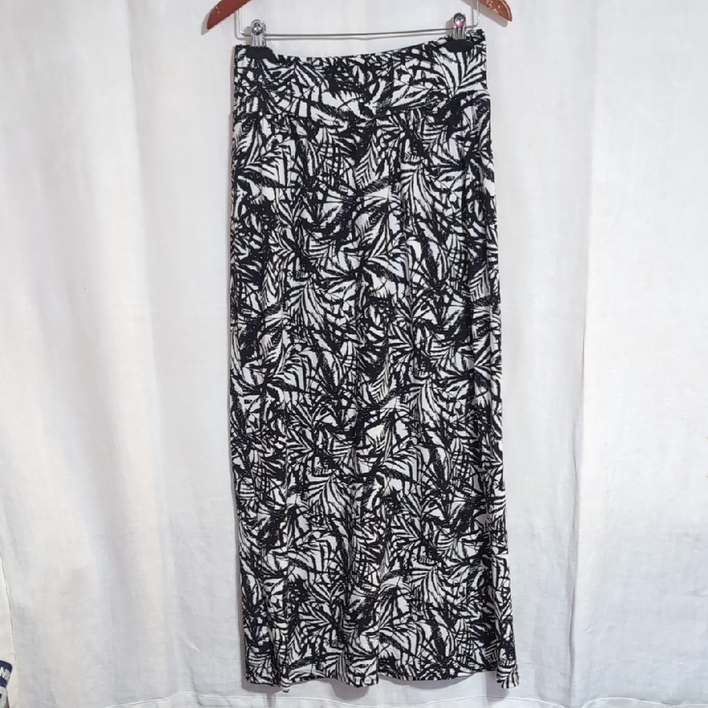 Nina & Mee Black White Palm Print Maxi Skirt Stretchy Size Large
